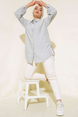 Yandan Büzgülü Çizgili Gömlek Gri - Yılın Fırsatı