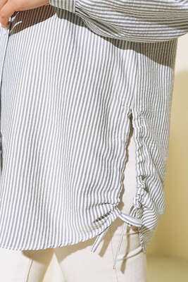 Yandan Büzgülü Çizgili Gömlek Gri - Yılın Fırsatı