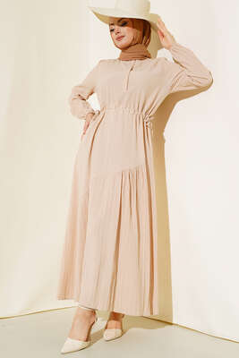 Yandan Büzgülü Elbise Bej - Thumbnail