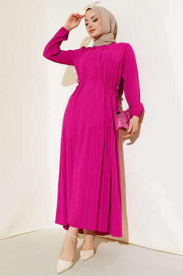 Yandan Büzgülü Elbise Fuşya - Tesettür Elbise