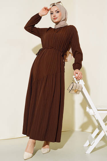 Yandan Büzgülü Elbise Kahve - Tesettür Elbise