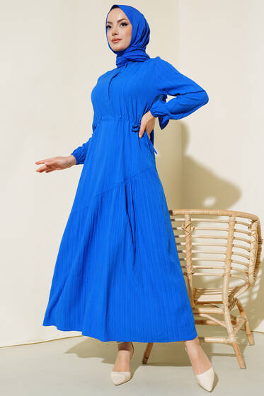 Yandan Büzgülü Elbise Saks - Tesettür Elbise