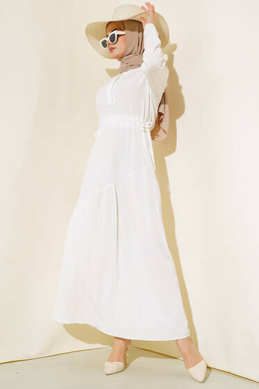 Yandan Büzgülü Elbise Beyaz - Tesettür Elbise