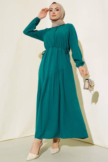 Yandan Büzgülü Elbise Zümrüt Yeşili - Tesettür Elbise