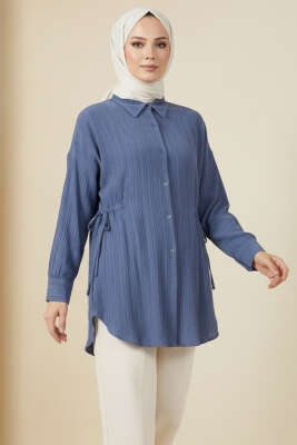 Yandan Büzgülü Krinkıl Gömlek İndigo - PİYES COLLECTİON