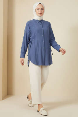 Yandan Büzgülü Krinkıl Gömlek İndigo - Gömlek