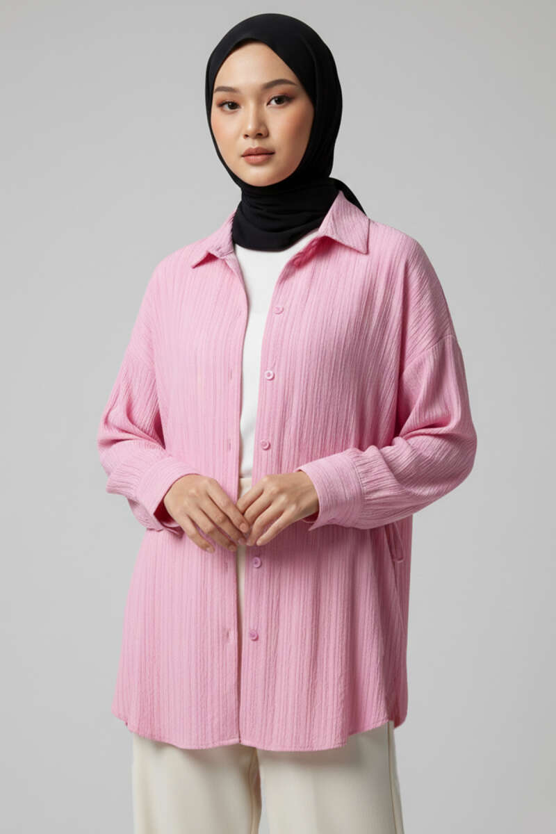 Yandan Büzgülü Krinkıl Gömlek Pembe