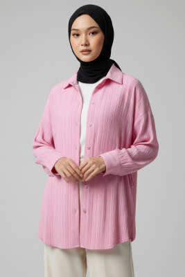 Yandan Büzgülü Krinkıl Gömlek Pembe - PİYES COLLECTİON