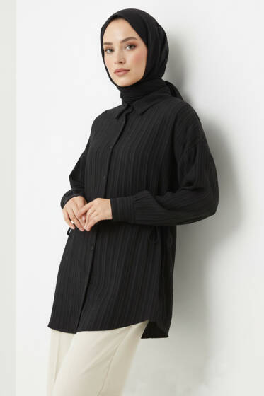 Yandan Büzgülü Krinkıl Gömlek Siyah - Gömlek