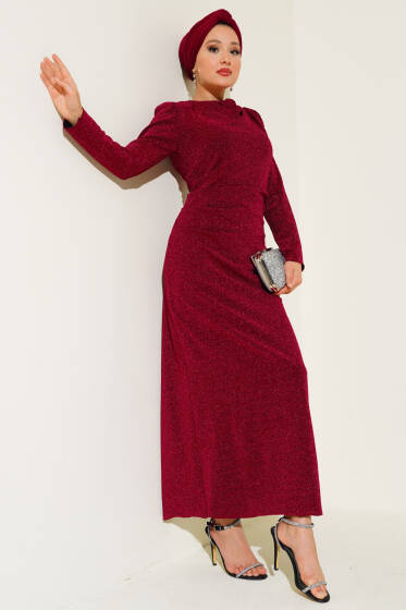 Yandan Büzgülü Simli Elbise Bordo - Elbise