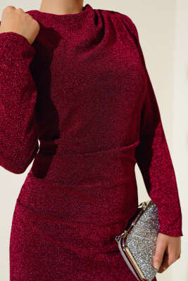 Yandan Büzgülü Simli Elbise Bordo - Tesettür Elbise