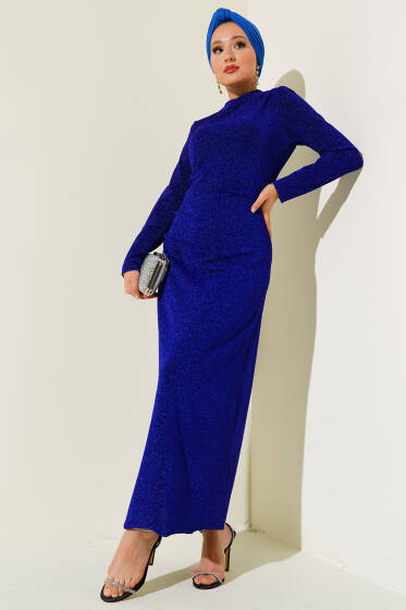 Yandan Büzgülü Simli Elbise Saks - Elbise