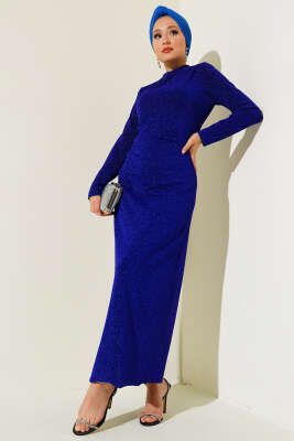 Yandan Büzgülü Simli Elbise Saks - Tesettür Elbise