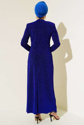 Yandan Büzgülü Simli Elbise Saks - Tesettür Elbise