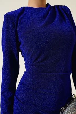 Yandan Büzgülü Simli Elbise Saks - Tesettür Elbise