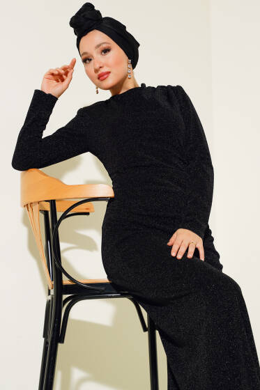 Yandan Büzgülü Simli Elbise Siyah - Elbise