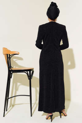 Yandan Büzgülü Simli Elbise Siyah - Tesettür Elbise