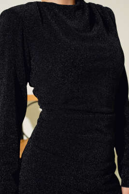 Yandan Büzgülü Simli Elbise Siyah - Tesettür Elbise