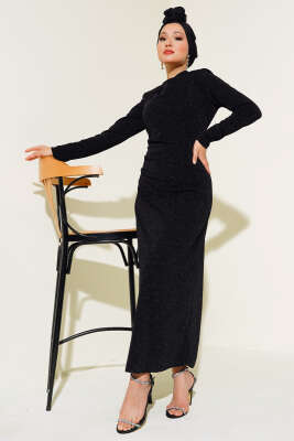 Yandan Büzgülü Simli Elbise Siyah - Tesettür Elbise