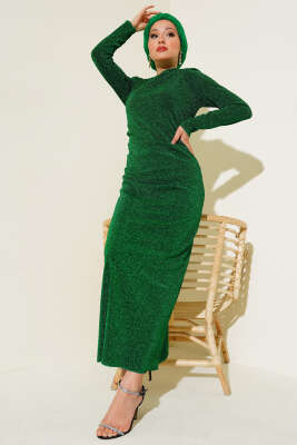 Yandan Büzgülü Simli Elbise Zümrüt 