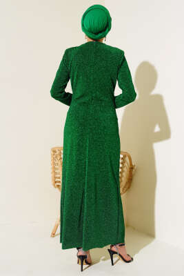Yandan Büzgülü Simli Elbise Zümrüt - Tesettür Elbise
