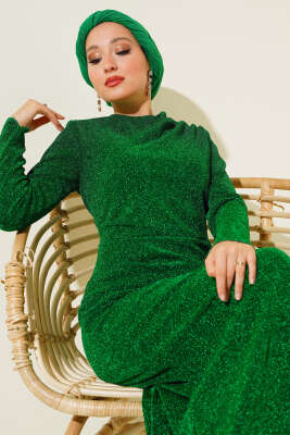 Yandan Büzgülü Simli Elbise Zümrüt - Tesettür Elbise