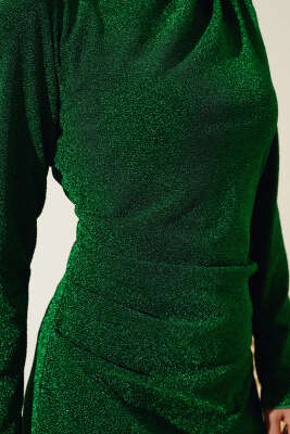 Yandan Büzgülü Simli Elbise Zümrüt - Tesettür Elbise