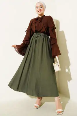 Yandan Cep Detaylı Kloş Etek Haki - Uzun Etek