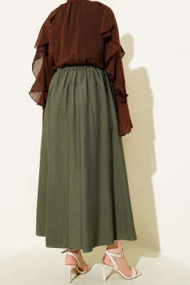 Yandan Cep Detaylı Kloş Etek Haki - Uzun Etek