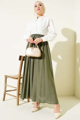 Yandan Cep Detaylı Kloş Etek Haki - Uzun Etek