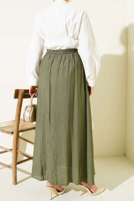 Yandan Cep Detaylı Kloş Etek Haki - Uzun Etek