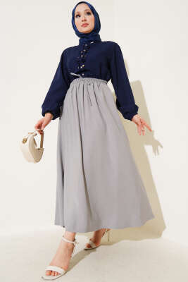 Yandan Cepli Basic Etek Gri - Uzun Etek