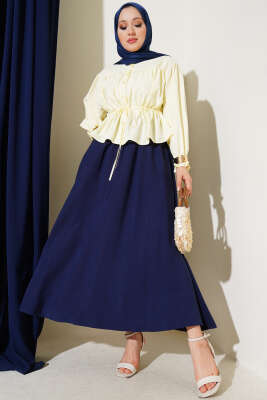 Yandan Cepli Basic Etek Lacivert - Uzun Etek