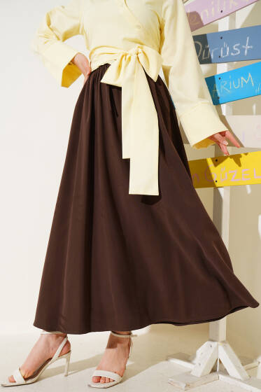 Yandan Cepli Basic Etek Kahve - Etek