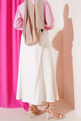 Yandan Cepli Basic Etek Beyaz - Uzun Etek