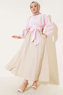Yandan Cepli Kloş Etek Bej - Uzun Etek