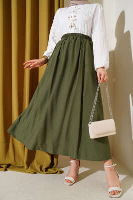 Yandan Cepli Kloş Etek Haki