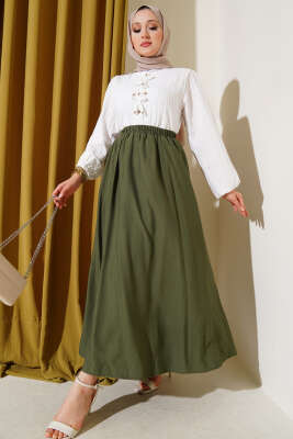 Yandan Cepli Kloş Etek Haki - Uzun Etek