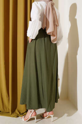 Yandan Cepli Kloş Etek Haki - Uzun Etek