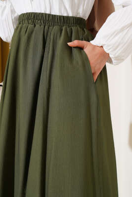 Yandan Cepli Kloş Etek Haki - Uzun Etek