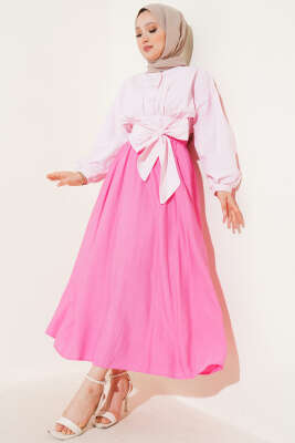 Yandan Cepli Kloş Etek Pembe - Uzun Etek