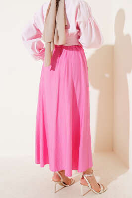 Yandan Cepli Kloş Etek Pembe - Uzun Etek