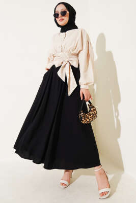 Yandan Cepli Kloş Etek Siyah - Uzun Etek