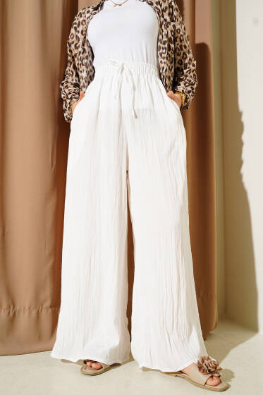 Yandan Cepli Salaş Kırışık Pantolon Beyaz - Pantolon