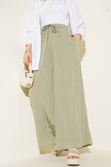 Yandan Cepli Salaş Kırışık Pantolon Haki - Pantolon