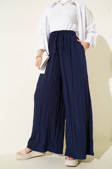 Yandan Cepli Salaş Kırışık Pantolon Lacivert - Pantolon