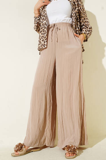 Yandan Cepli Salaş Kırışık Pantolon Latte - Pantolon