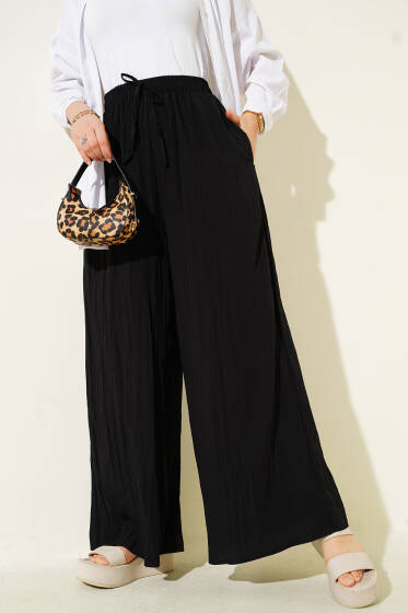 Yandan Cepli Salaş Kırışık Pantolon Siyah - Pantolon