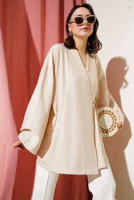 Yandan Çift İp Bağlamalı Kimono Bej 