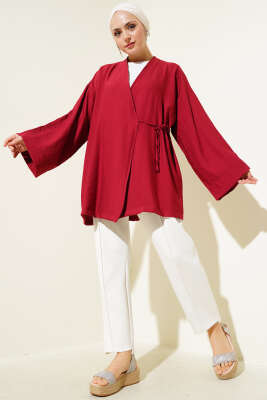 Yandan Çift İp Bağlamalı Kimono Bordo - Dış Giyim&Mont